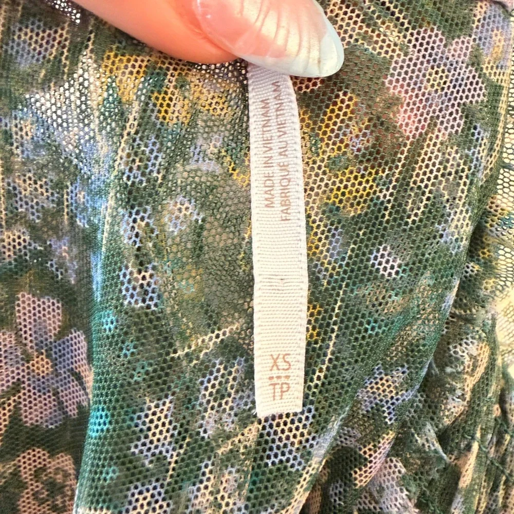 Free People Floral Mesh Crop Top Womens XS Green Boho Smocked Ruffle Blouse